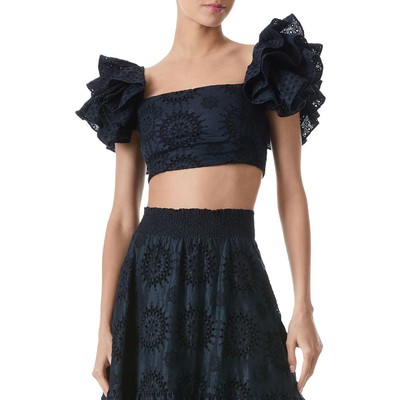 

Alice and Olivia Womens Tawny Linen Blend с оборками и квадратным вырезом, укороченный BHFO 7486, Черный