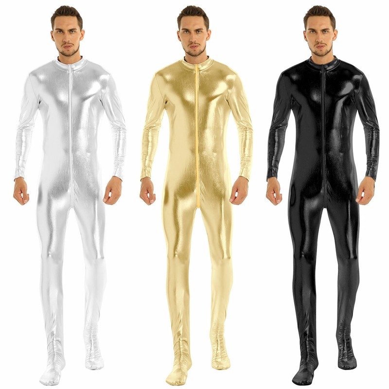 ️ Men Patent Leather Zipper Cat suit Wetlook Bodysuit Leotard Clubwear