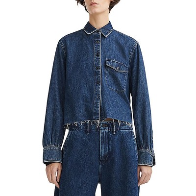 Rag & Bone Womens Maxine Blue Denim Cropped Raw Hem Blouse Top L BHFO 1954