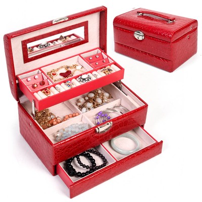 Jewelry Box Storage Organizer Case Ring Earring Necklace Mirror PU Leather Red