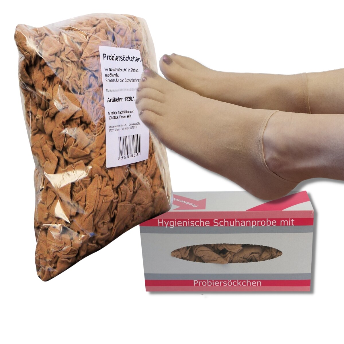 500 Stück Probiersocken Probierstrümpfe hautfarben mit Spenderbox