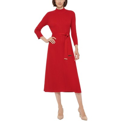 

Женское красное платье-свитер в рубчик с длинными рукавами Calvin Klein  BHFO 0297, Красный
