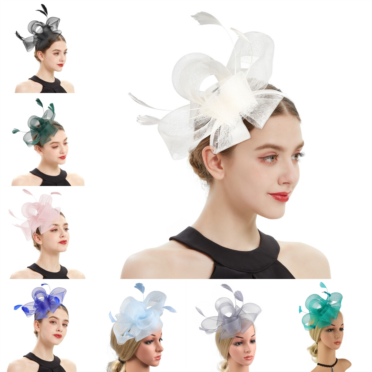 8-Piece Fascinator Hat Set with Adjustable Headband and Clip Regina 3-Piece Bow Netted Fascinator Headband and Clip  main image 2