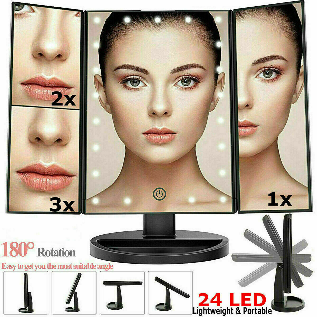 Specchio Trucco Con 24 Luci Led Ingrandimento 1x 2x 3x Rotazione 360° Makeup cir 1