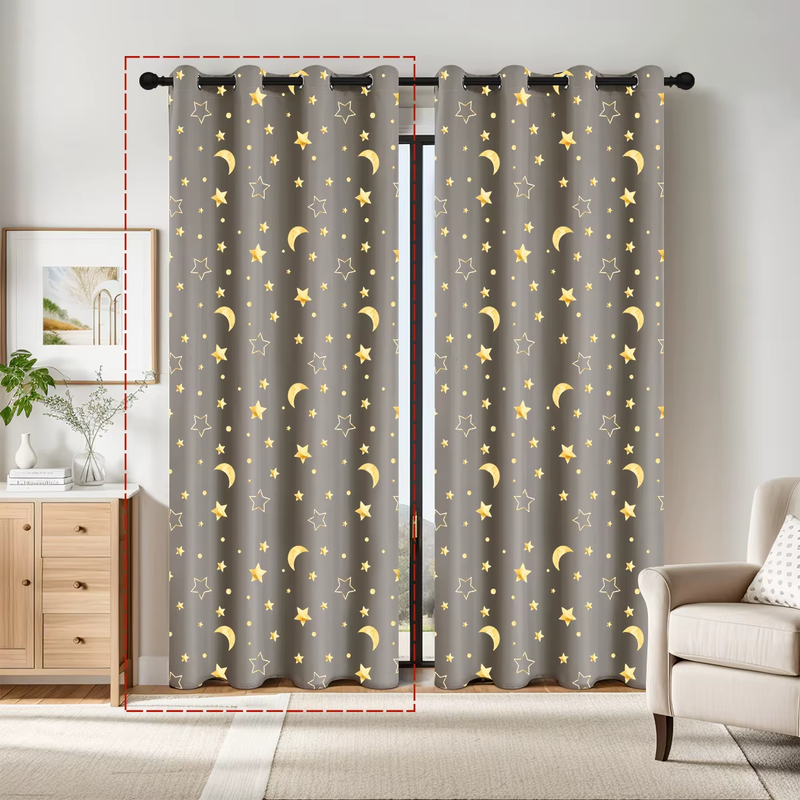1pc Modern 100% Blackout Curtain Grommet Top, Big Star and Moon Pattern Window C