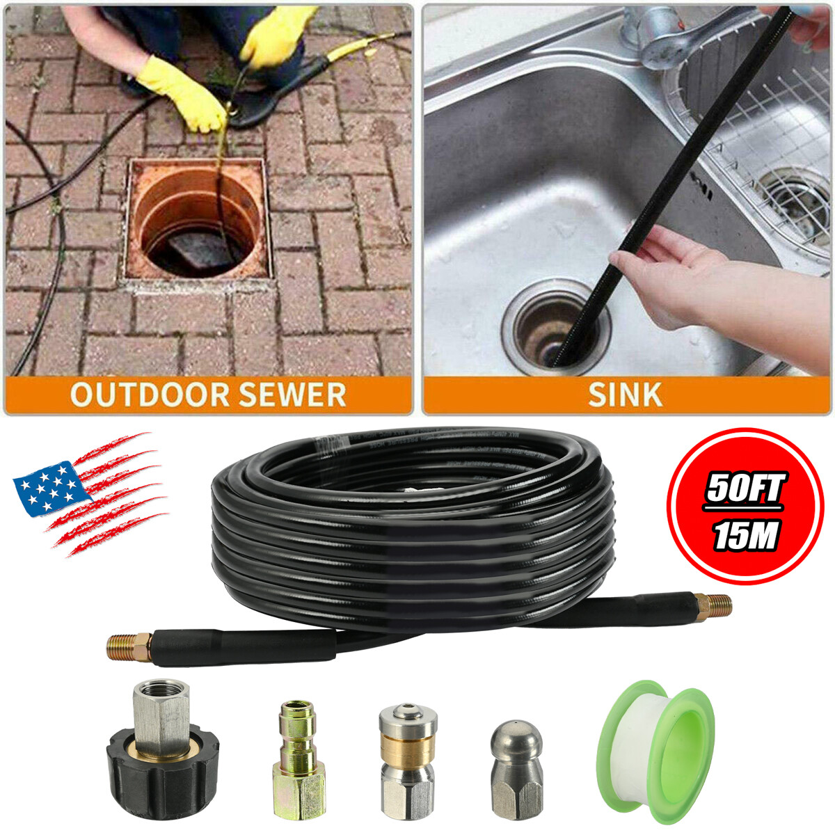 Sewer Jetter Nozzle Kit 1/4" NPT 50FT Drain Cleaning Hose For Pressure Washer US