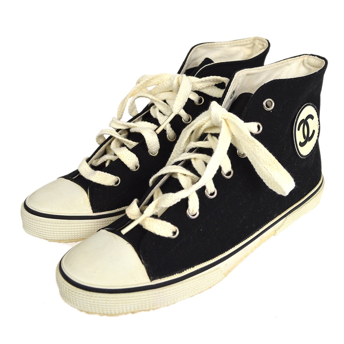 Chanel High Cut Sneakers String Shoes Black White A01852 #38