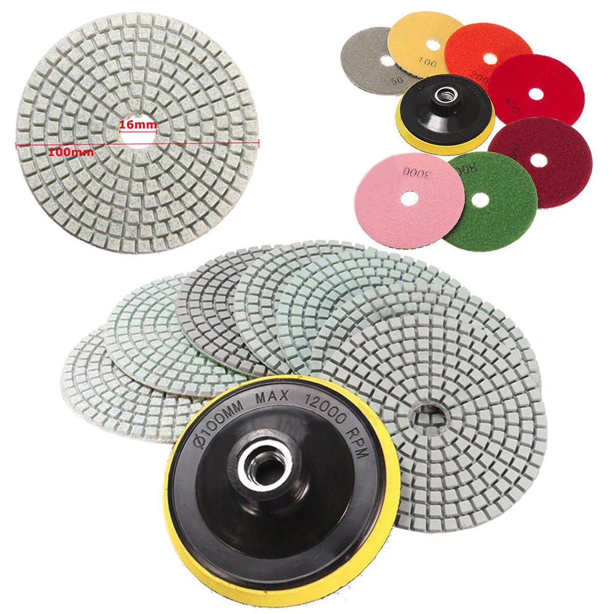 Diamond Polishing Pads 4 inch Wet/Dry 10 Piece Set Granite S