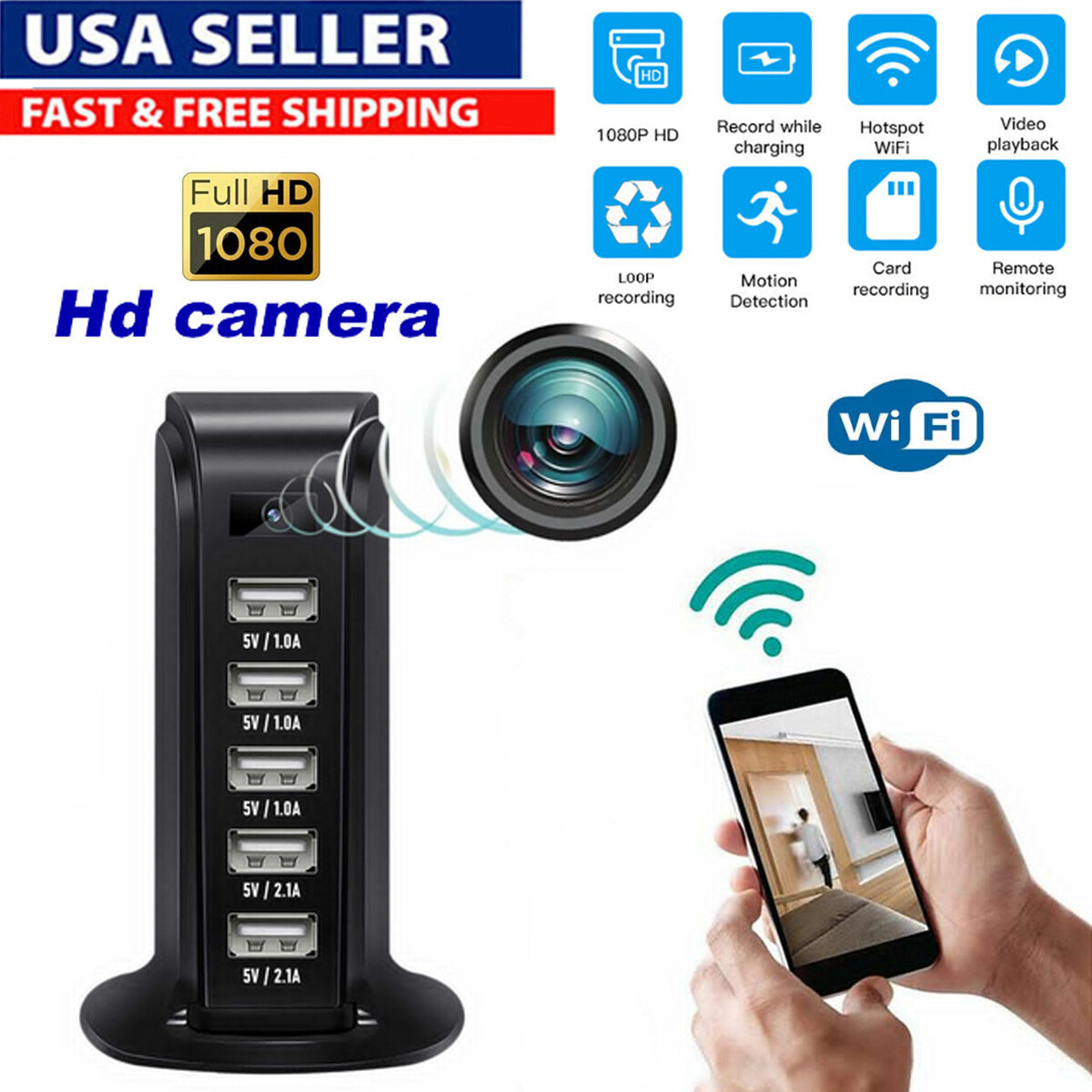 WiFi HD 1080P Mini Camera Multi Port USB Charger Motion Detection Security Cam