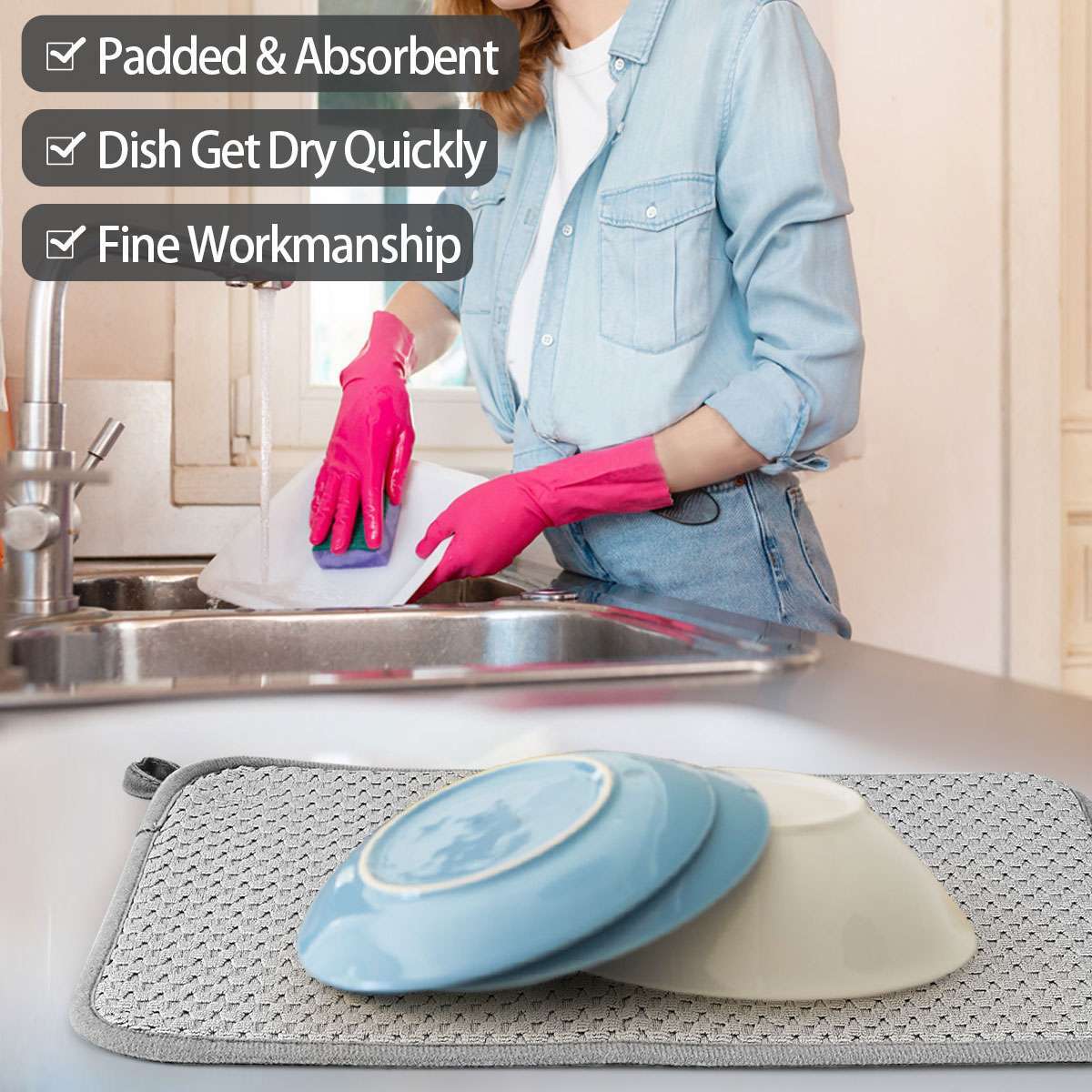 Dish Drying Mat, Microfiber Dish Draining Mat for Kitchen Countertop-Grey