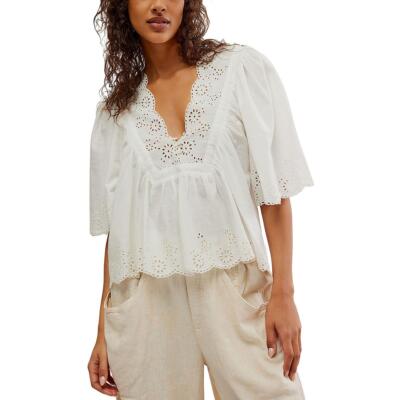 Free People Womens Costa White Eyelet Embroidered Shirt Blouse Top L BHFO 0453