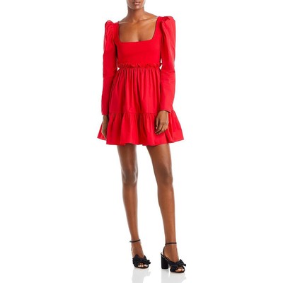 Женское красное мини-платье Aqua с пышными рукавами и оборками, облегающее и расклешенное платье XS BHFO 1286