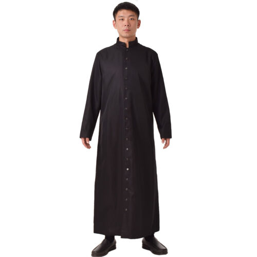 Priest Black Roman Cassock Clergy Vestment Single Breasted Button Robe in Size L