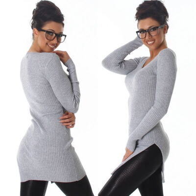 Damen Longpulli Stretch Langarm einfarbig Feinripp Bodycon Hüftschlitz 34 36 38