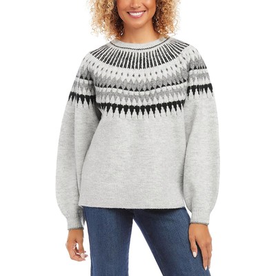 Karen Kane Womens Gray Fair Isle Ribbed Trim Pullover Sweater Top L BHFO 0333
