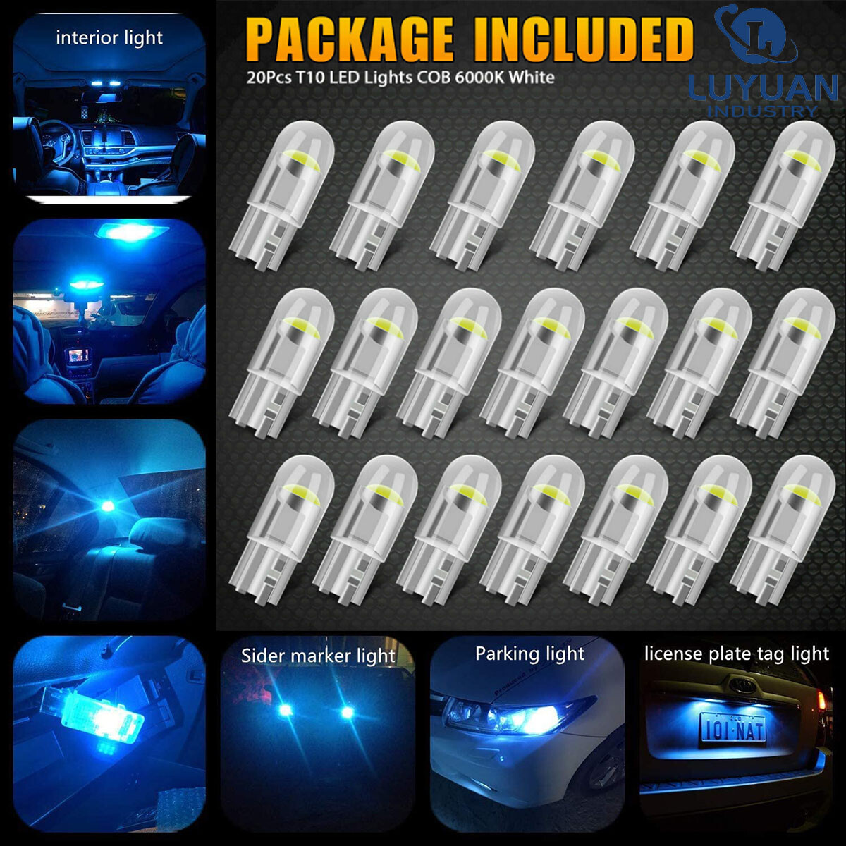 20Pcs LED T10 194 168 W5W Car Trunk Interior Map License Plate Light Bulb Blue