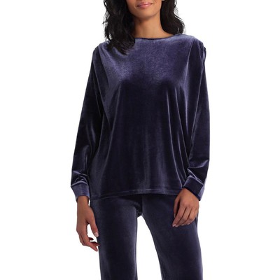 H Halston Womens   Blue Velour Boatneck Blouse Pullover Top M BHFO 9876