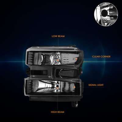 For 19-24 Silverado 1500 WT/Custom Trail Boss Clear Corner Headlights Lamp Black