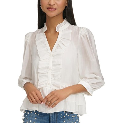 Женская блузка с пышными рукавами и баской с оборками от Карла Лагерфельда в Париже BHFO 1343