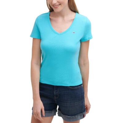 

Женская синяя футболка в рубчик с V-образным вырезом Tommy Jeans  BHFO 3898, Curacao