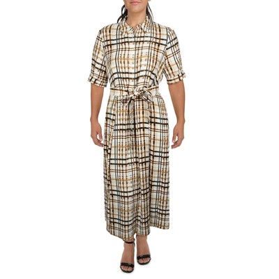 

Женское коричневое платье-рубашка миди с поясом и закатанными рукавами Calvin Klein Womens  BHFO 1370, Коричневый