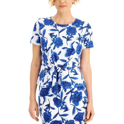 Kasper Womens Blue Floral Print Tie Front Blouse Top Petites PS BHFO 1324