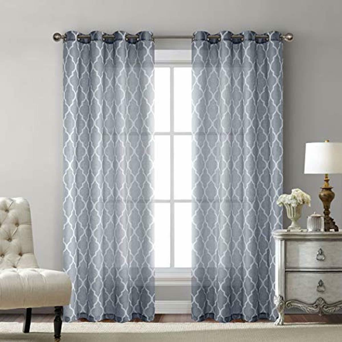 Smoky Grey Moroccan Print Sheer Curtains For Bedroom Faux Linen