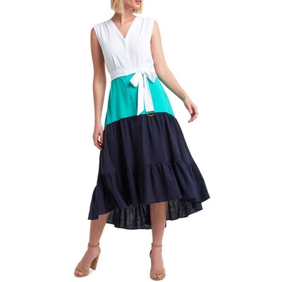 

H Halston Женское Белое многоуровневое платье миди с цветными блоками  BHFO 0249, White/atlantis/navy combo