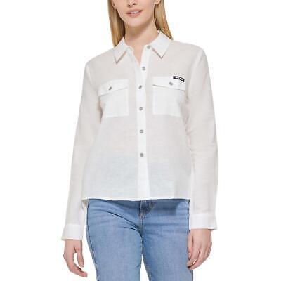 DKNY Jeans Женская льняная блузка с высоким низким воротником и рубашкой на пуговицах BHFO 9419