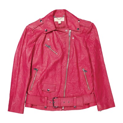 Pre-owned Michael Kors Ladies Crinkled Leather Moto Jacket In Purple