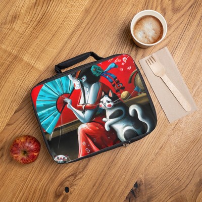 Geisha and cat Lunch Bag, Maiko Asian art lunch tote, Japanese picnic bag