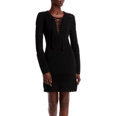 

Женское черное мини-платье-свитер на шнуровке Aqua крючком  BHFO 6657, Черный
