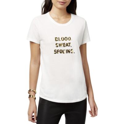 

Женская белая футболка с надписью Blood Sweat Sequins Bow - Drape Juniors  BHFO 1673, Белый