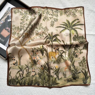 100% Silk 21'' Scarfs For Women Lightweight Square Satin Wrap Forest Lion 53*53