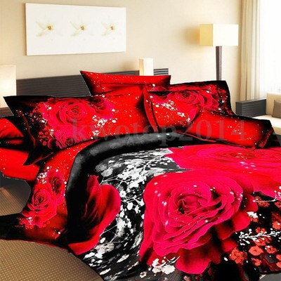 3PCS 3D ROSE QUEEN DUVET QUILT COVER SET COMFORTER EGYPTIAN COTTON PILLOWCASE