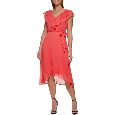 

Женское розовое платье миди DKNY Day To Night с рюшами  BHFO 9293, Коралл