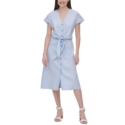Женское дневное миди-платье Calvin Klein с синим галстуком на талии и пуговицах 8 BHFO 4108