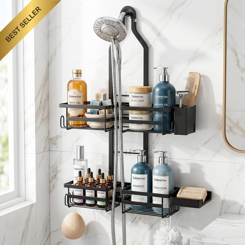 Shower Caddy Hanging, 2-Tier Adjustable Height over Shower Head | Rustproof Bath
