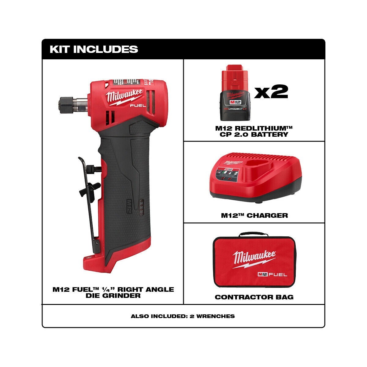 Milwaukee 2485-22 M12 1/4" Right Angle Die Grinder Kit W/ Batteries and Charger