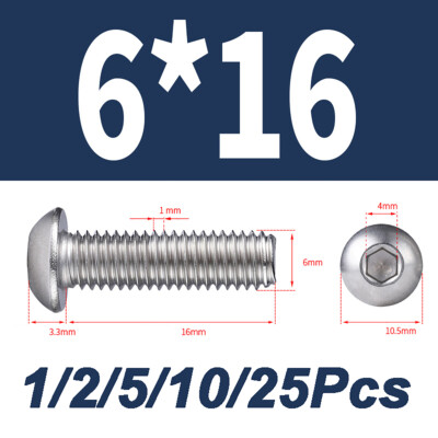 M6-1.0 Button Head Socket Cap Screws, Allen Hex Drive 304 Stainless Steel 8-70mm