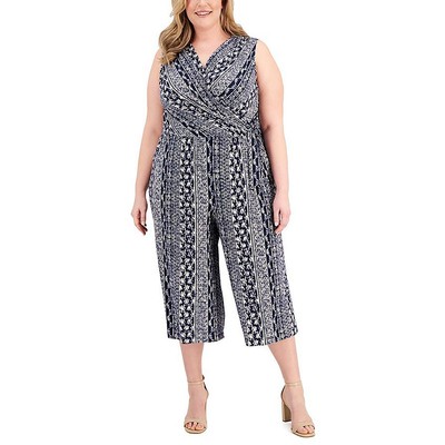 Связанная одежда Женский темно-синий комбинезон с вырезом лодочкой и цветочным принтом Plus 24W BHFO 3768