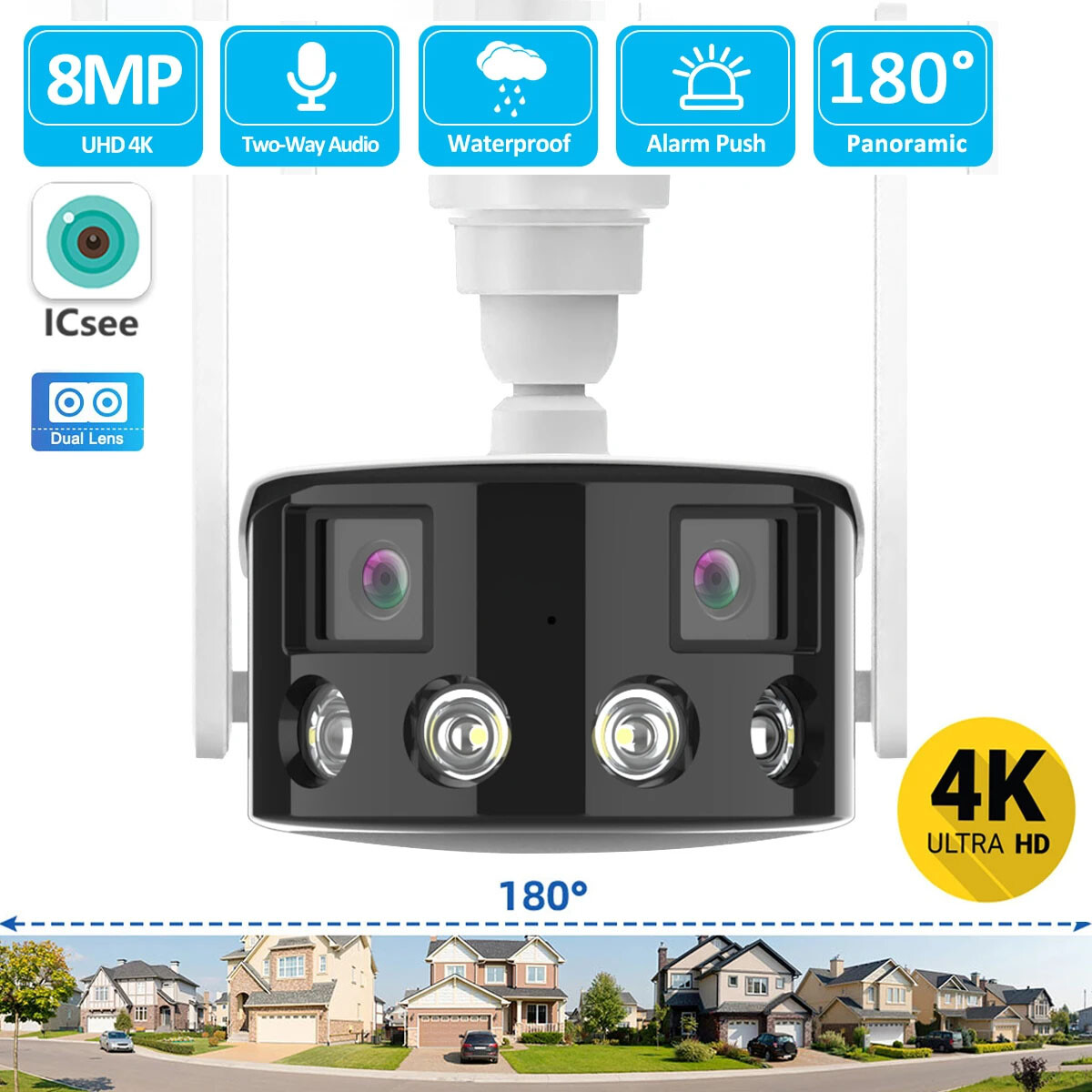 4K 8MP 180&deg; Dual Lens Ultra Wide View Angle Panoramic Outdoor WiFi IP Camera US