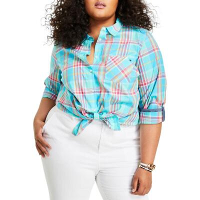 Tommy Hilfiger Womens Plaid Tie Front Button-Down Top Shirt Plus BHFO 3905