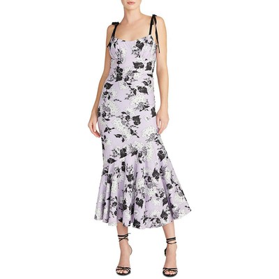 

ML Monique Lhuillier Женское асимметричное платье миди из телячьей кожи с воланами BHFO 4298, Purple/black/white