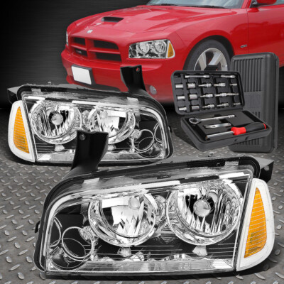 ДЛЯ 06-10 DODGE CHARGER ХРОМИРОВАННЫЙ КОРПУС ЯНТАРНОЙ УГЛОВОЙ ФАРЫ ГОЛОВНОГО ФОНАРЯ + НАБОР ИНСТРУМЕНТОВ