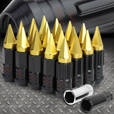 ОСТРОКОНЕЧНЫЙ КОЛПАЧОК ИЗ ЗОЛОТИСТОЙ СТАЛИ СО ШЛИЦЕМ В ВИДЕ 16 ВЫСТУПОВ ОБОДА + 4 КОНТРГАЙКИ + КЛЮЧ M12X1,5 22 мм x 75 мм