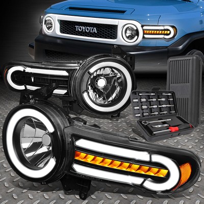 ДЛЯ 07-14 TOYOTA FJ LED DRL ЧЕРНЫЕ/ЯНТАРНЫЕ ПОСЛЕДОВАТЕЛЬНЫЕ ФАРЫ ГОЛОВНОГО СВЕТА + НАБОР ИНСТРУМЕНТОВ