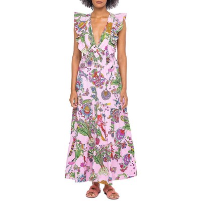Женское макси-платье Banjanan с розовым принтом чайной длины и V-образным вырезом XS BHFO 9300