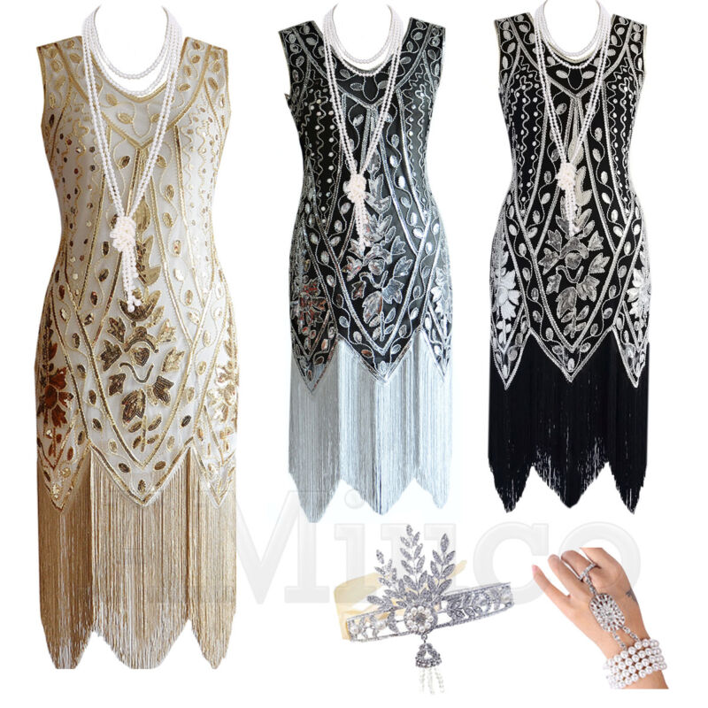 1920s Flapper Dress Great Gatsby Charleston Sequin Fringe Art Deco Party Dresses
