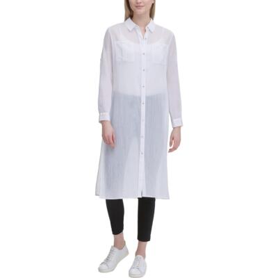 

Calvin Klein Женская белая прозрачная длинная туника на пуговицах Блуза  BHFO 1426, Белый